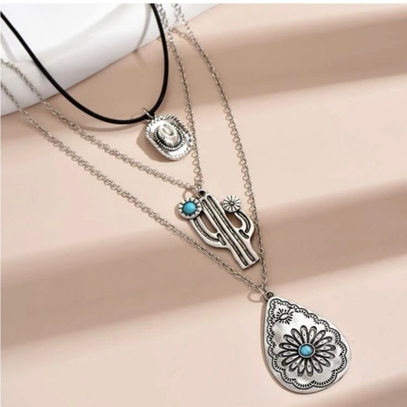 Bohemian Western Silver Turquoise Layered 3 in 1 Necklace - Picture 1 of 3